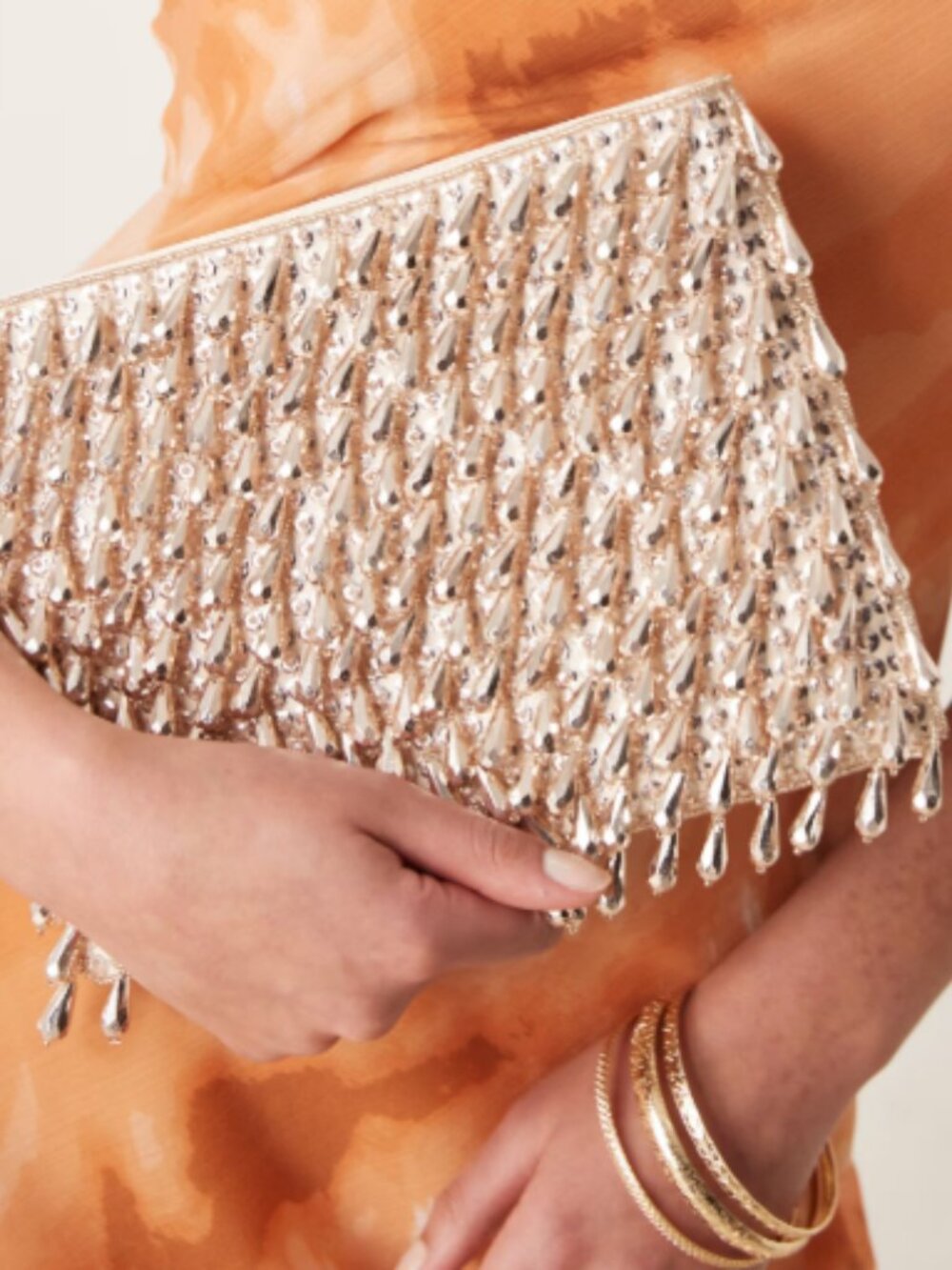 ASOS DESIGN zip top clutch bag in all over beads in rose gold NWT